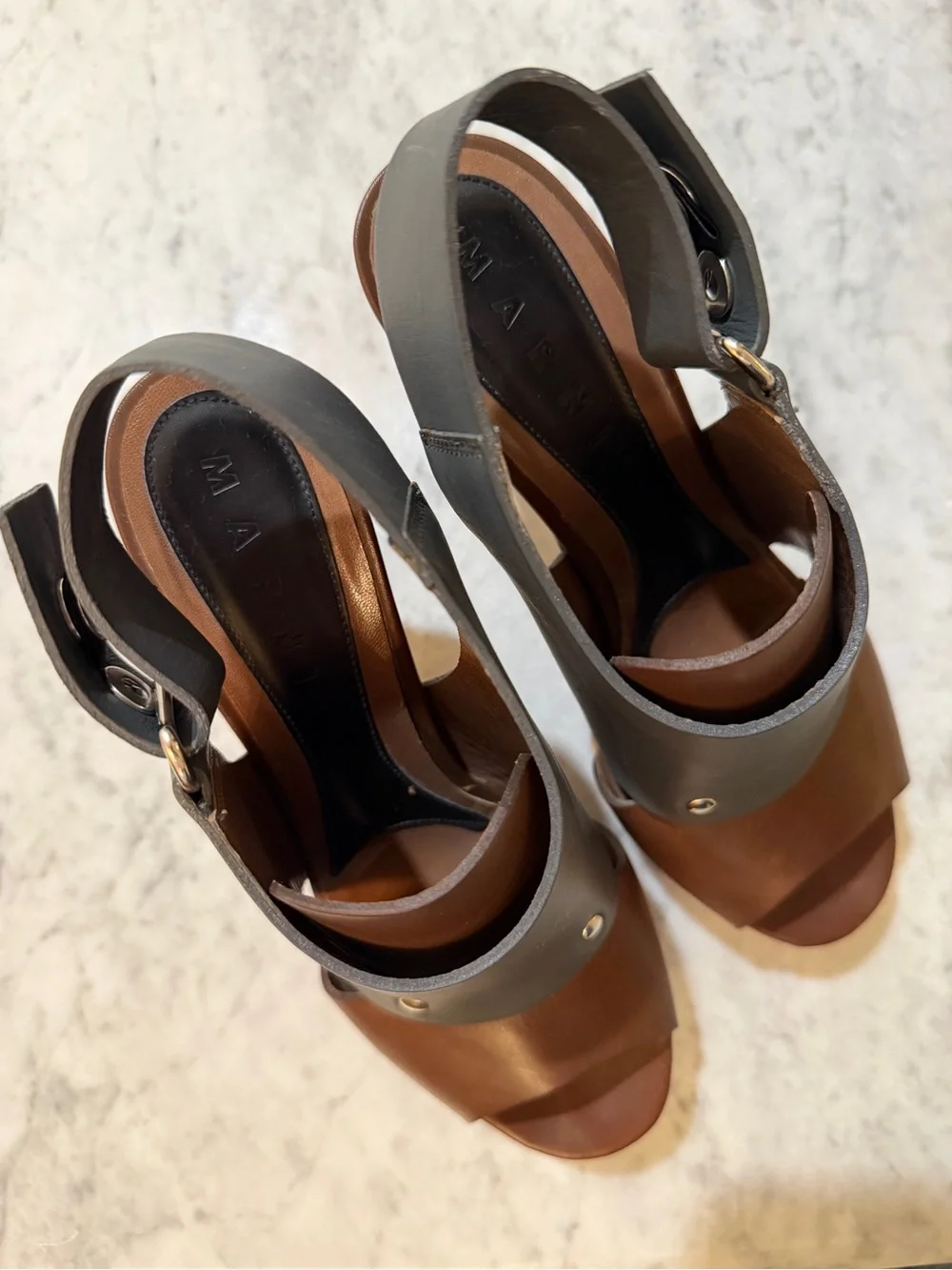 Marni Brown and Dark Grey Leather Slingback Platform Heels